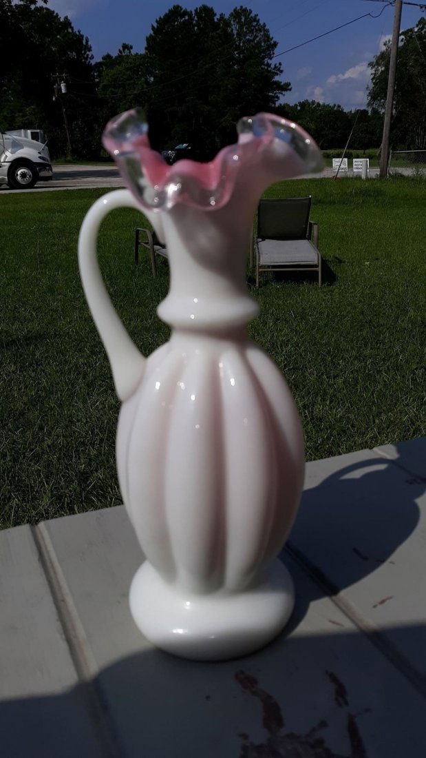 Fenton 9" Peach Blow Glass Pitcher, Silver Crest (1 of 3)