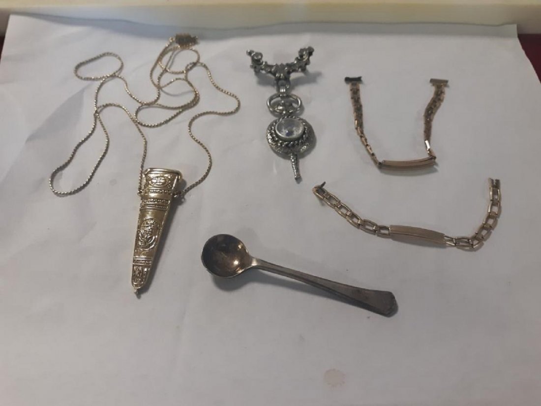 Jewelry Lot Amulet Bracelets, Pins: beautiful vintage and antique lot 1 1928 co 26" necklace with 2 1/4" gold plated amulet on the bottom beautiful 2 antique baby spoon james deakin and sons 3 1/8" long 3 vintage compass pin 3" long 4 1