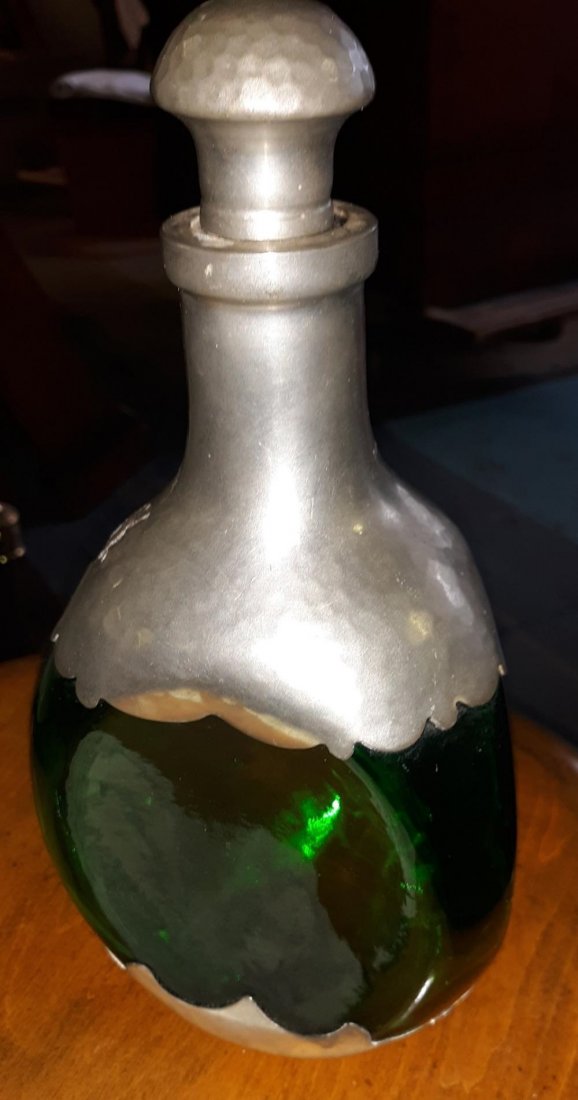 Mid Century Pinched pewter Emerald Bottle Royal Holland (1 of 3)