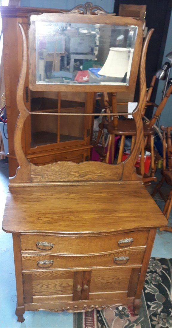 antique oak washstand w/beveled glass & towel Bar (1 of 4)