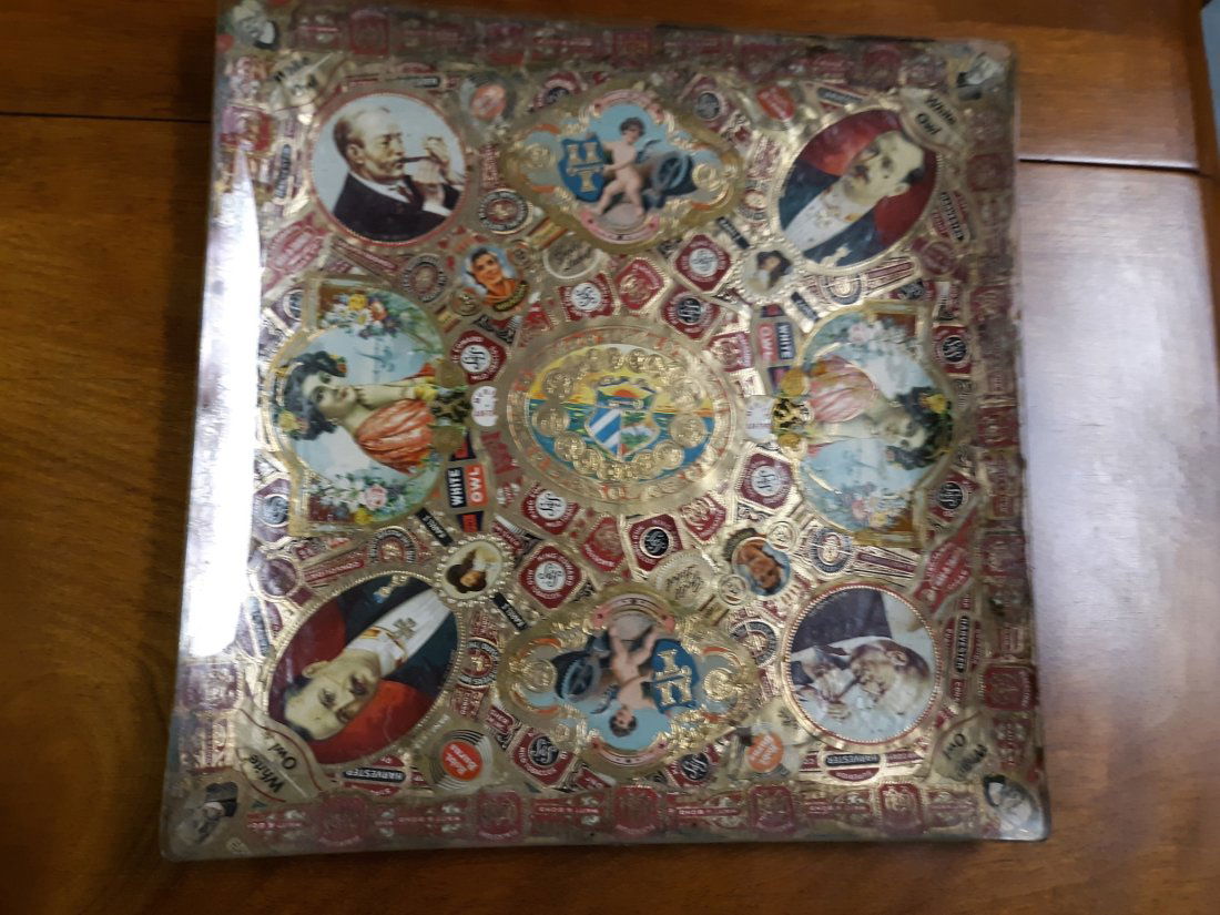 antique cigar band art glass tray folk art: hard to find these early square trays with antique cigar bands decoupaged on the back and then sealed with green felt perfect for the cigar lover, or use as a dresser tray? 9 3/4" x 9 3/4" see pics! l
