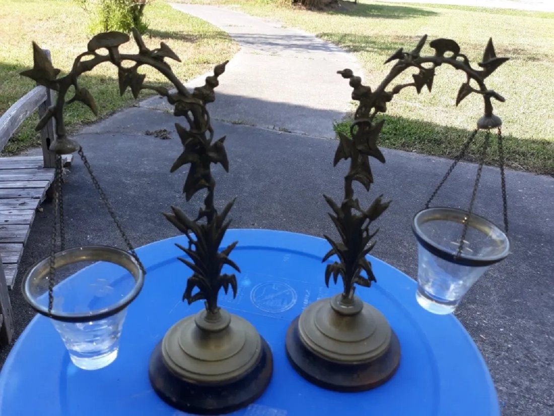 antique bronze? Garniture or mantle set: late 1800's? cement filled bases 10 3/4" tall 4 1/4" base cattail design with flower and vine could be polished or leave the great patina see pics