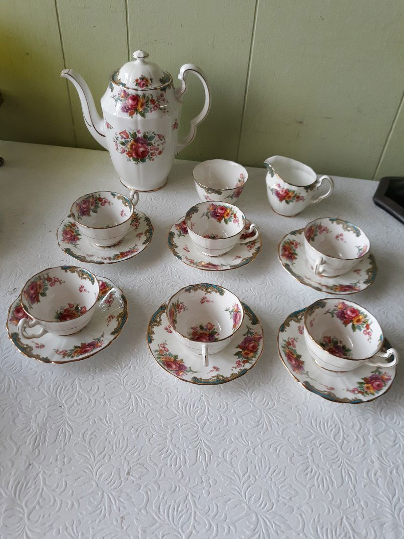 antique adderly Tea Set, teapot & 6++: nice set from the estate by bone china adderly teapot, creamer, and sugar 6 cups and saucers 1 cup has been repaired see pic entire set for one bid!