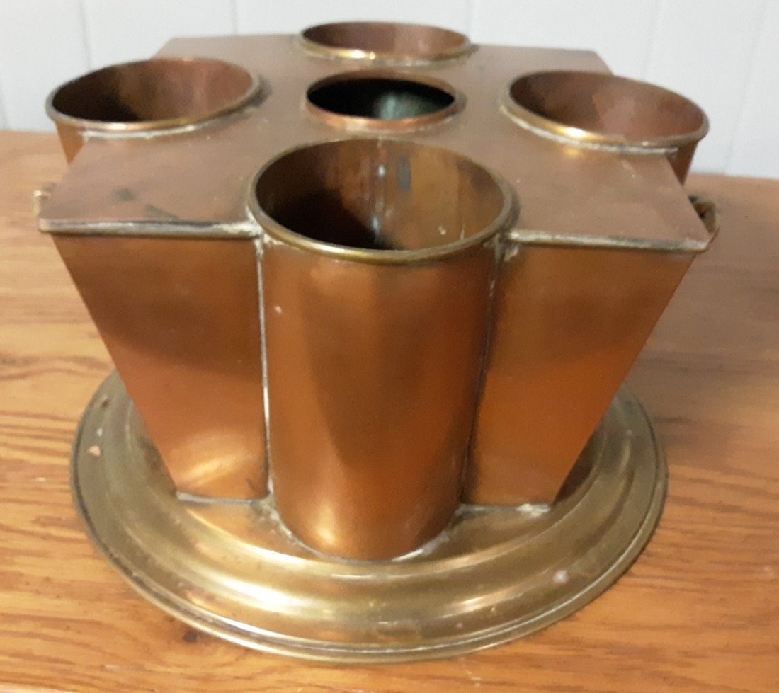 art deco copper & brass wine cooler chiller: english art deco tapered copper and brass wine cooler has ports for 4 bottles and center port for ice very nice light patina 7" tall 13" wide see pics