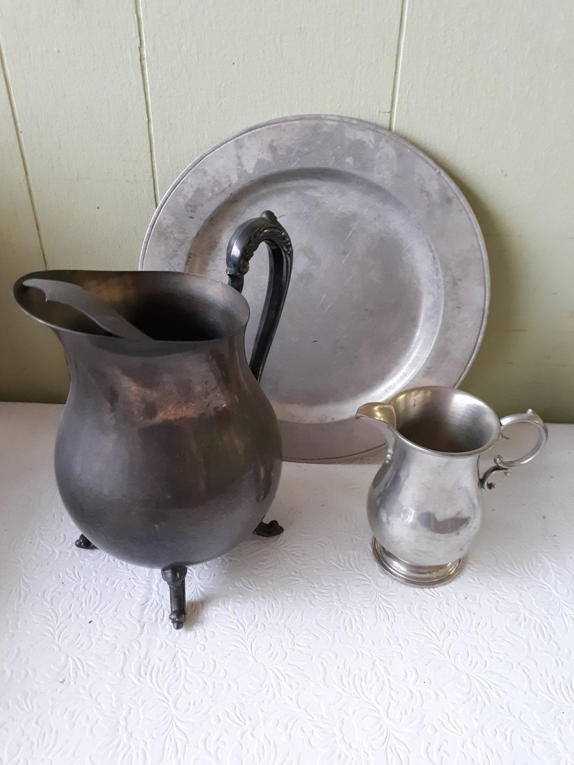 pewter & silver plate lot RWP plate & pitchers (1 of 6)