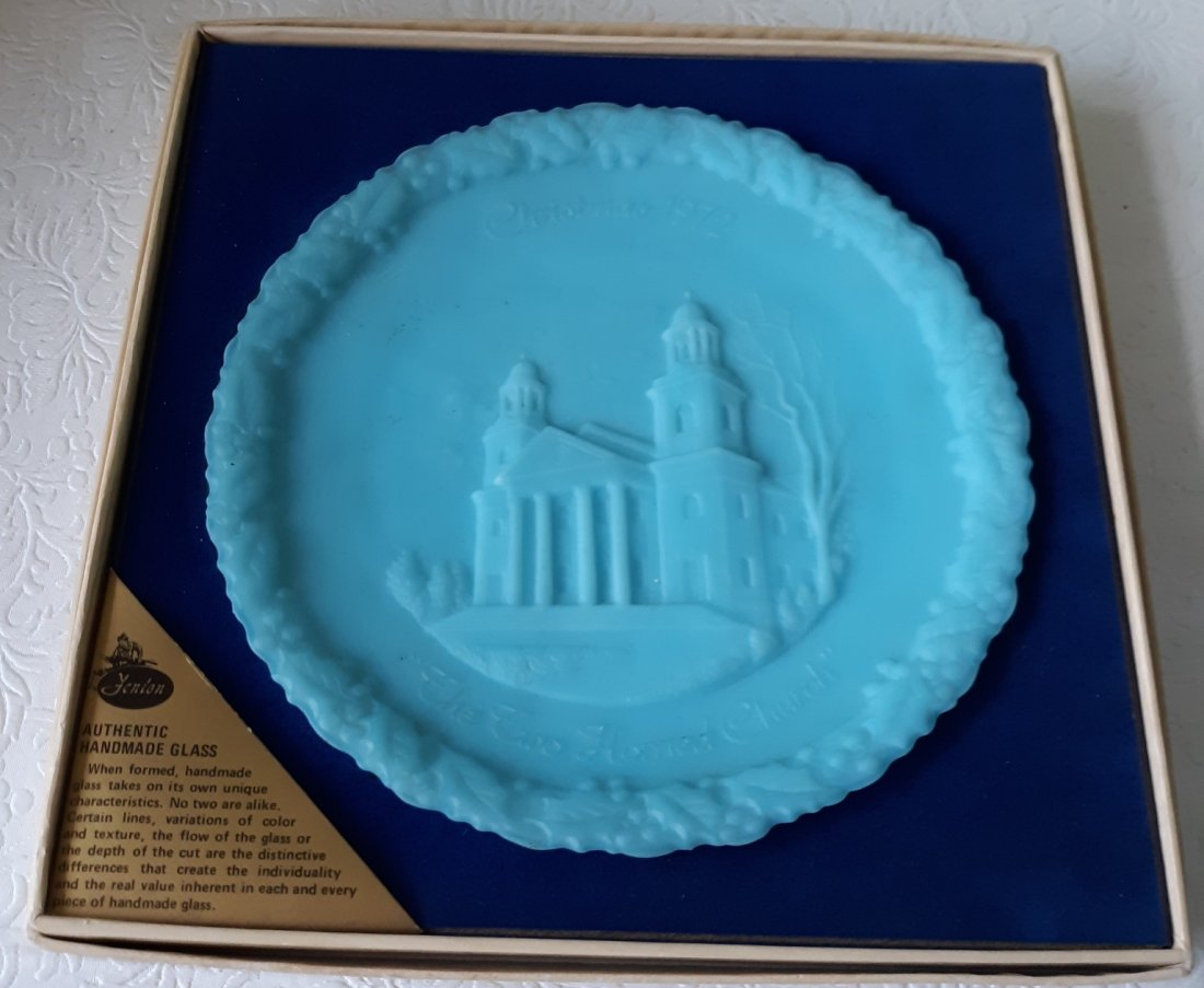 early fenton satin glass first church ohio w/box (1 of 2)