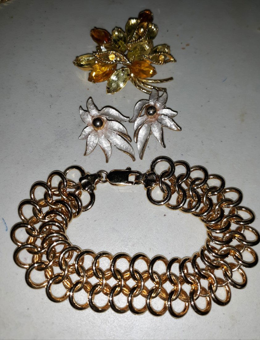 mid century jewelry lot brooch, earrings, bracelet (1 of 3)