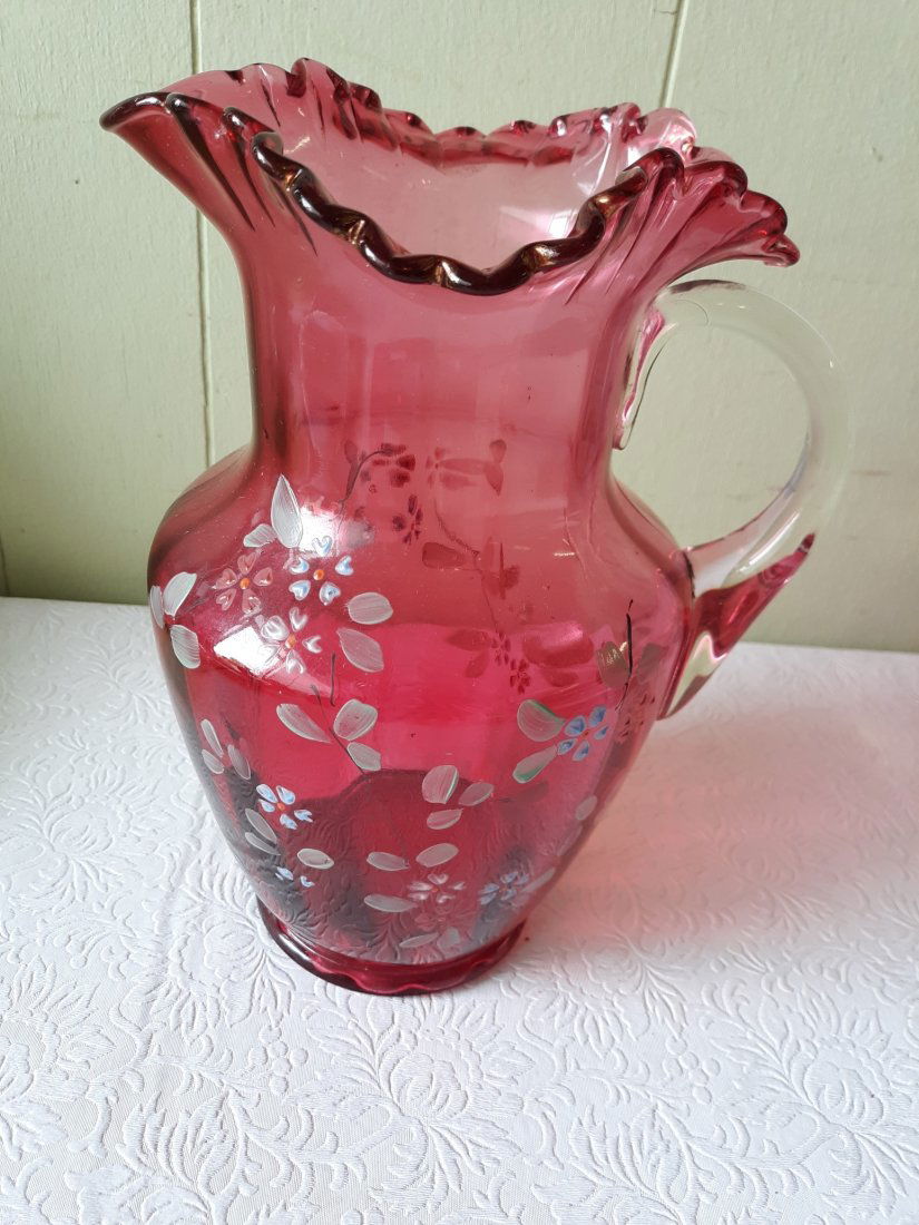 Victorian cranberry ruffled pitcher w/applied handle (1 of 3)