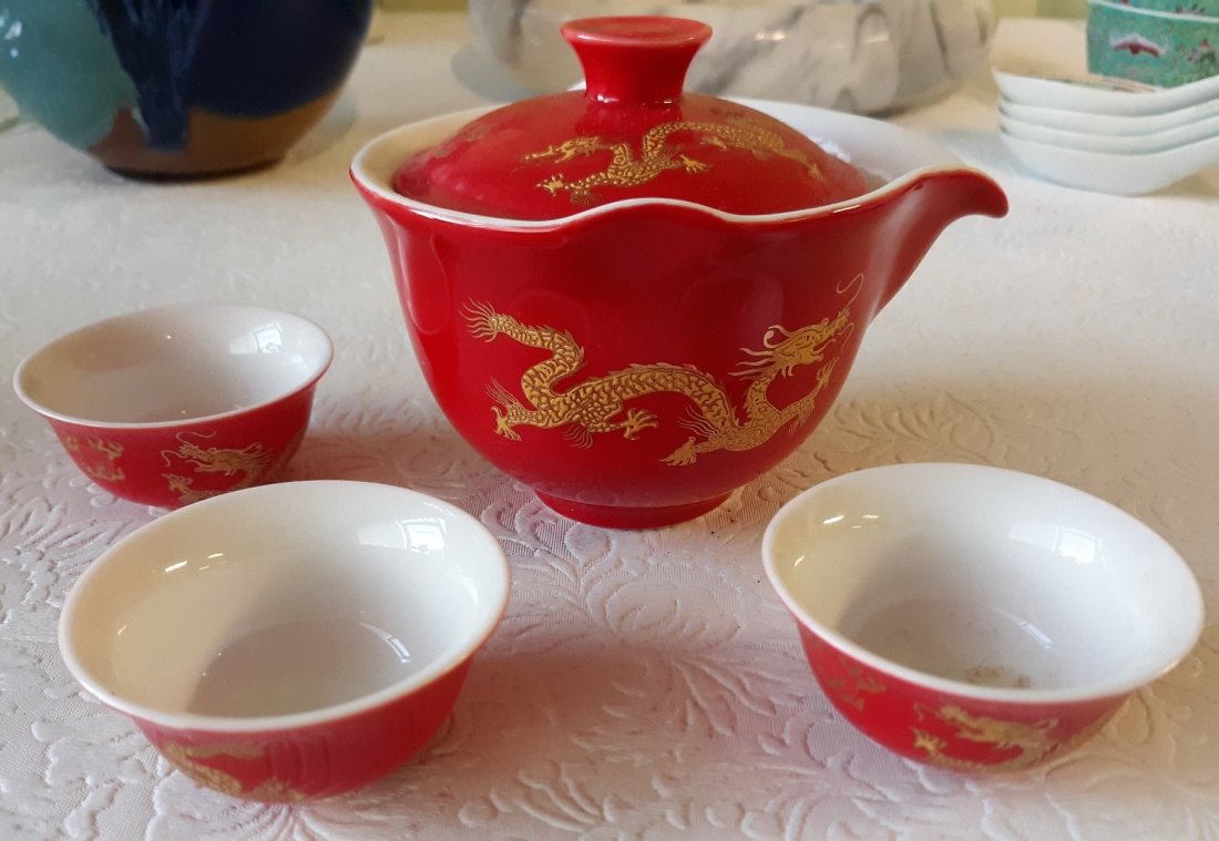 vtg gaiwans chinese tea set w/ 3 cups dragon red: from estate vtg red chinese tea set with 3 cups all for one bid see pics
