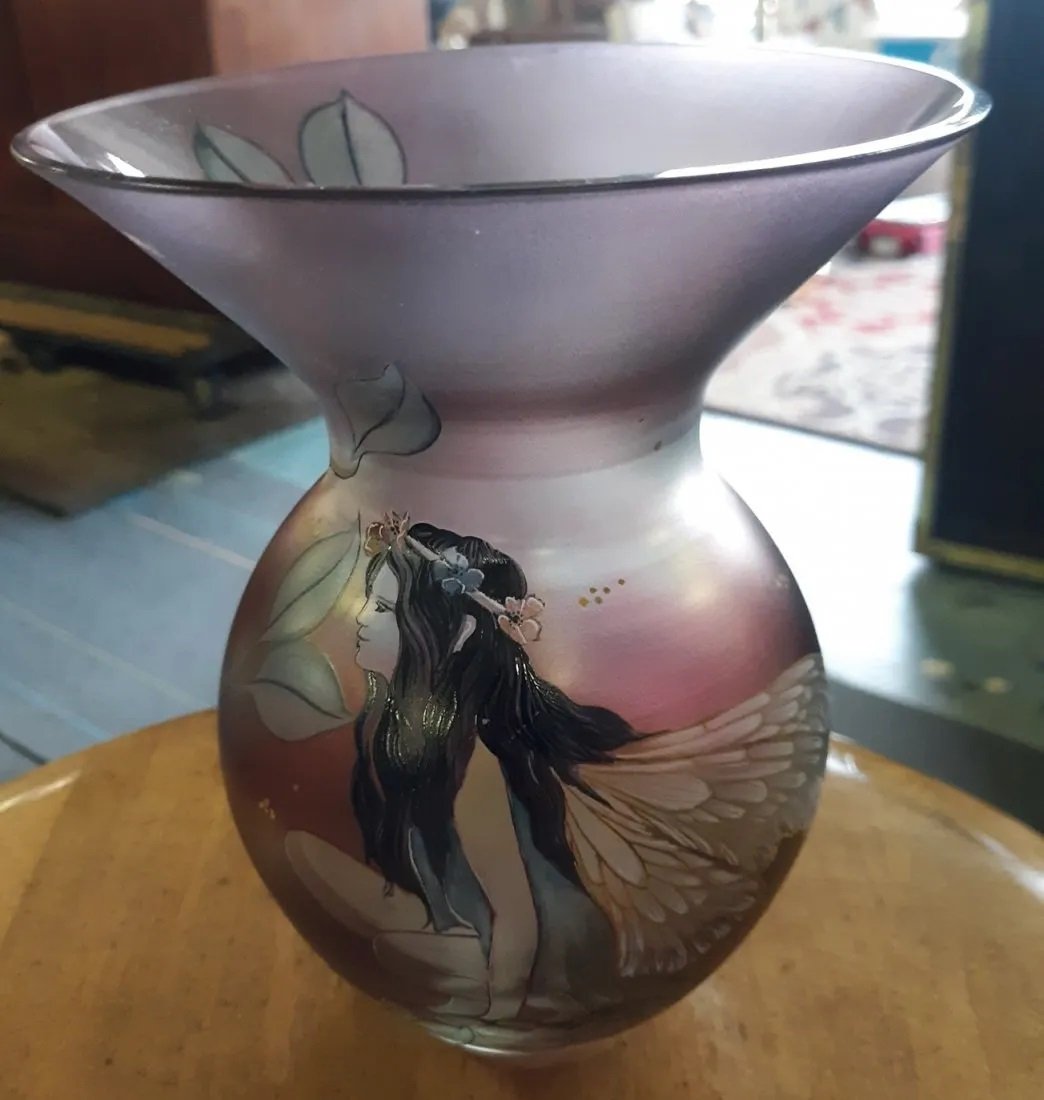 Loetz-Kralik Style Maiden Art glass Vase beautiful: gorgeous vase loetz or kralik style stretch glass with hand embellished maiden 7 1/4" tall 5 1/2" across top signed on bottom? can not make out sig/ no damage see pics
