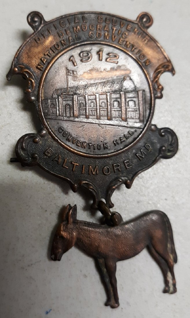 rare 1912 democratic convention souvenir pin!: super rare can not find another example online! 2 5/8" long looks like it is copper signed Bastian bros New York see pics