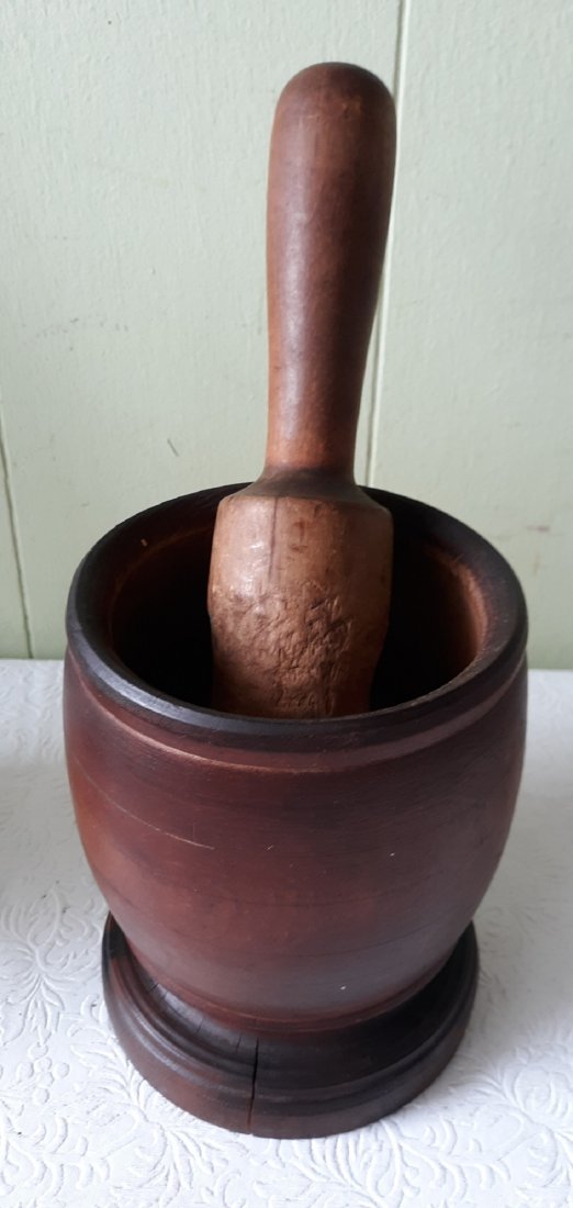 antique wood doctors mortar & pestle early 1800's: 6 3/4" mortar and 10" pestle great patina and age this is from the estate was there great grandfather who was a physician Do Not miss this one! see pics