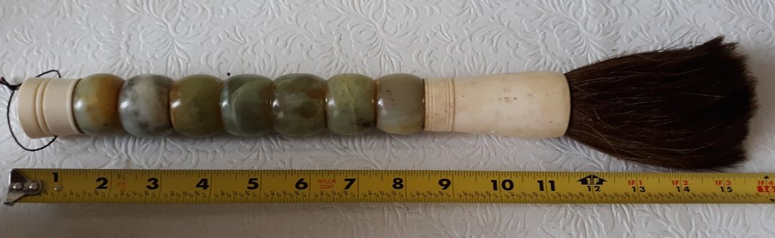vintage Chinese calligraphy brush Jade? /bone 16": from estate beautiful condition 16" long great colors vtg chinese calligraphy brush jade? cold to touch and bone see pics