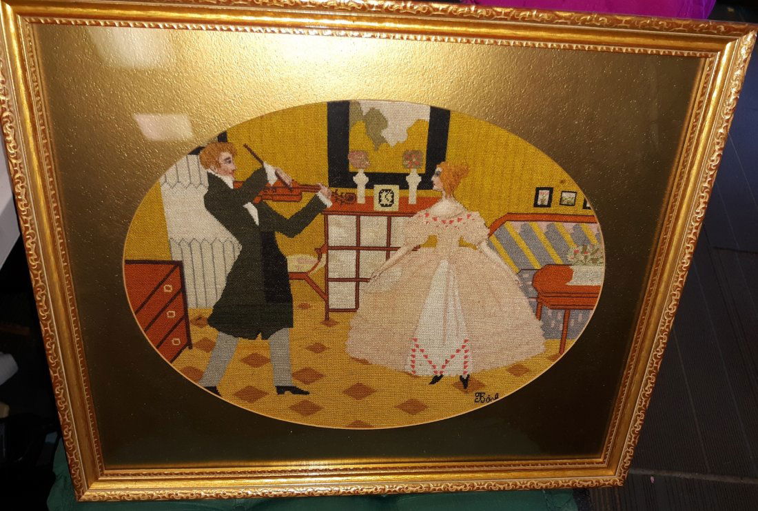 vtg Victorian courting scene needlepoint framed (1 of 3)