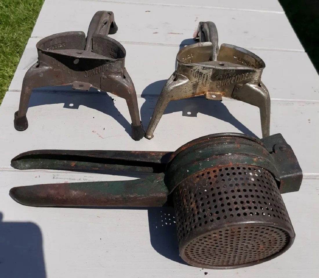 collection of antique shredder or graters presses: vintage kitchen shredders or graters 2 by mouli shredder France no internal plates just the presses,one is unsigned all in very good condition see pics all for 1 bid