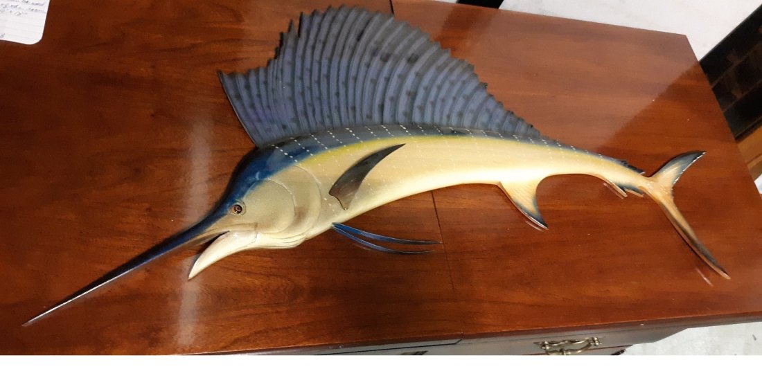 papa doc's art wood carved swordfish 32" beauty!: from estate called a half mount hand carved from poplar and then airbrushed signed by the artist 29" long x 13" gorgeous see pics