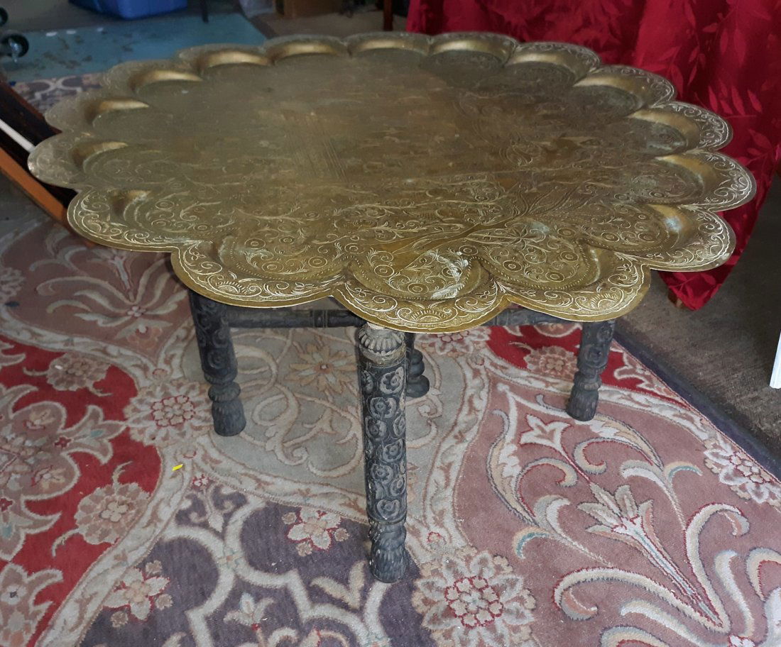 Anglo indian brass tray table w/ folding carved stand circa 1920's (1 of 7)