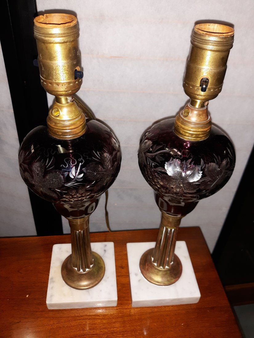 antique bohemian amethyst cut to clear lamps pair (1 of 2)