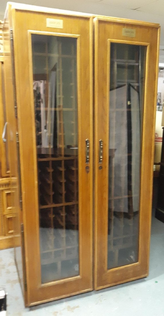 Wine Cooler professional Cabinet Oak Works!: from estate made by wine Pro Nice Oak cabinet each side has its own cooling, left side is working good right side prob needs freon hold 200 + bottles 83" tall x 43" wide 30" deep no key for lock cabin