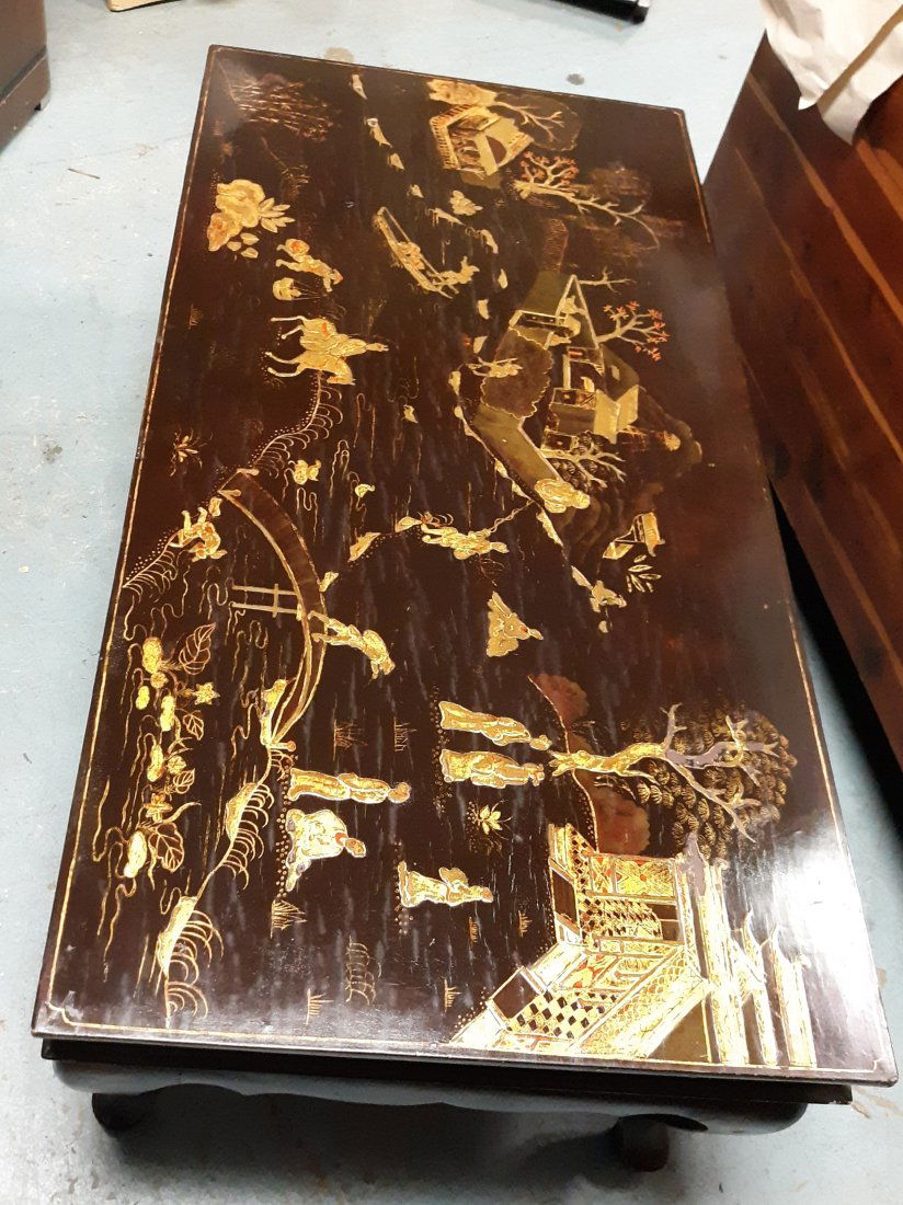 antique chinoiserie style black lacquer coffee table signed V Dinh (1 of 6)