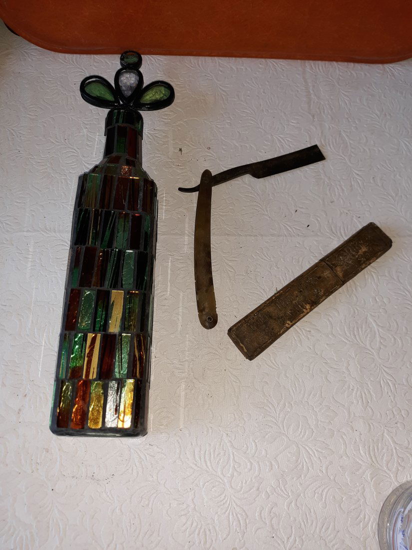 mosaic bottle & antique straight razor (1 of 3)