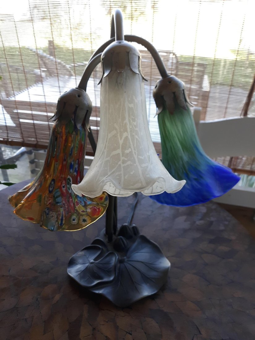 Vintage Lamp Tulip glass Tri Shades Lily Pad base: nice lily pad design lamp with tulip shades, one looks like millefiori , one is off white, the other is blues and greens, some age expected wear on base, the shades look nice a little dusty, see pics 