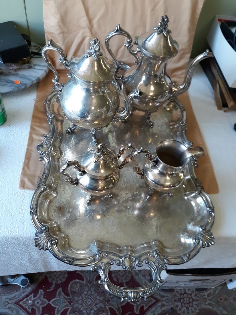 vintage Birmingham silver on copper tea set w/ butler tray 5pcs: coffee and tea set all 5 pcs in good condition with wear area on center of butler tray see pics
