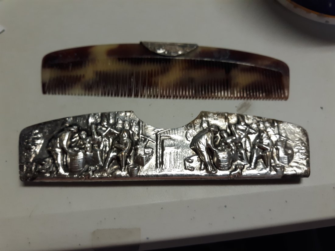 vtg Hans Jensen repousse silver plated comb: from estate Hans Jensen comp with silver plate and tortoise or faux and the silver repousse matching holder both in vey good condition 5" long see pics
