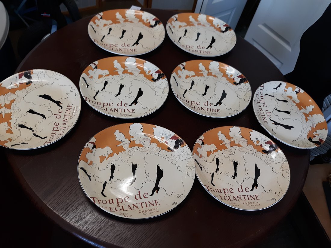 sango cabaret dinner plates jane avril lot of 8: from estate 7 f them are 11 /14" and 1 is 12 1/4" larger probably a platter? all 8 for one bid light wear some scratches etc no chips noted see pic