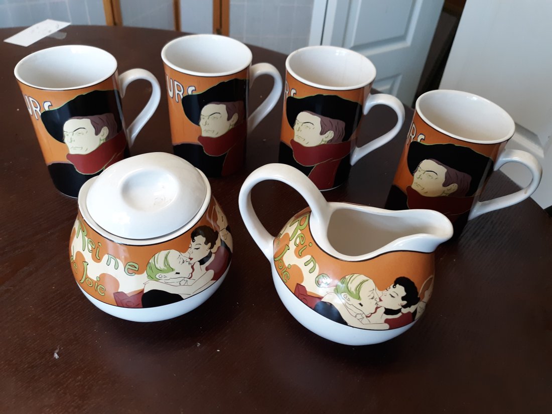 sango cabaret creamer & sugar & 4 coffee cups: from estate creamer and sugar with lid pattern #4870 and 4 matching coffee cups all in used but nice conditionall 6 for one bid
