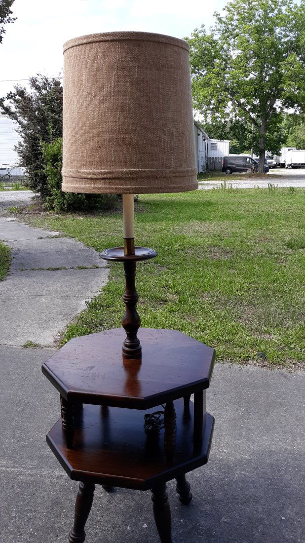 two tiers wooden table floor lamp ethan allen ? vintage: two tiers wooden table floor lamp ethan allen ? vintage, in good used condition , shade looks good 60" tall from floor to top of finial see pics