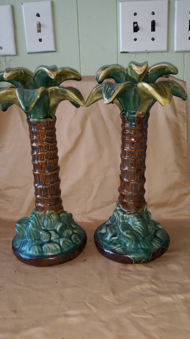 majolica style Candleholders palm tree 14"tall lot of 2 (1 of 3)