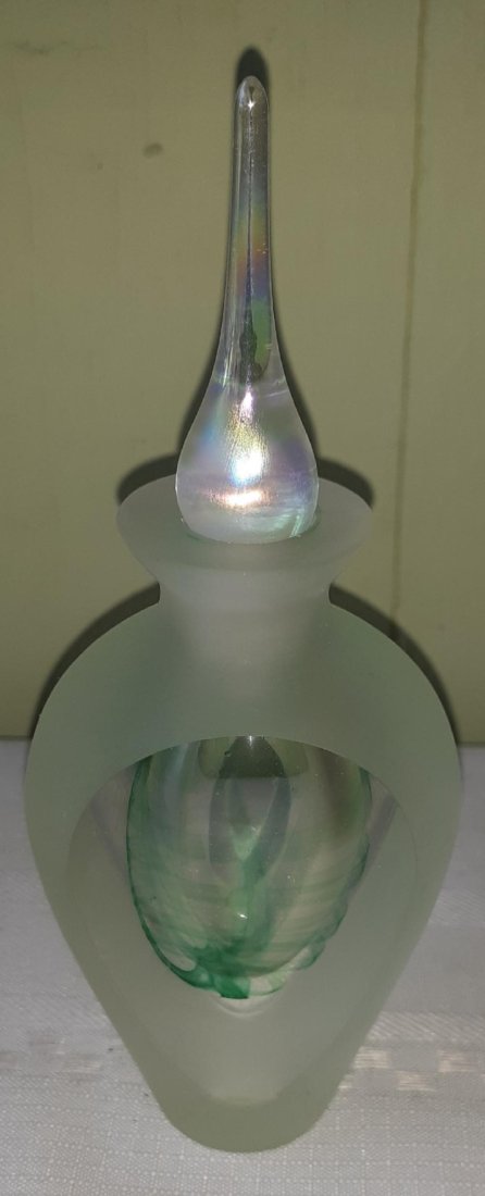 Perfume Bottle W/ Stopper 6 3/4": green clear inside and frosted outside 6 3/4" tall 2 3/4" widest point very good used condition see pics