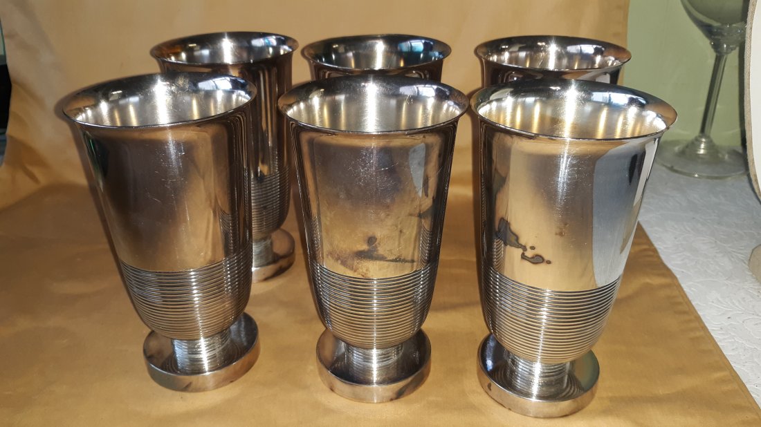 Lurelle Guild 6 cocktail cups model no. 5849 c. 1934?, silver-plated metal, 6" tall, impressed "Lure (1 of 3)