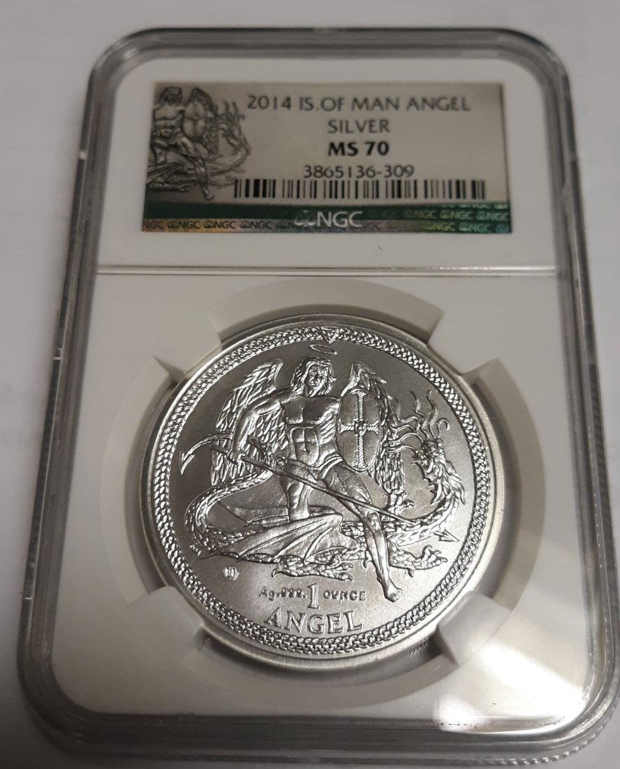 2014 isle of man angel 1 oz silver coin MS70 Nice!: highest grade coin , low pop, grade by ngc! see pics