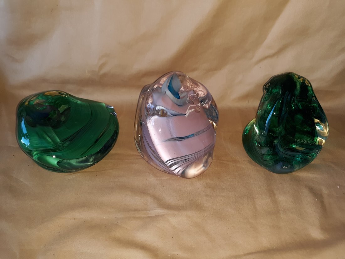 M Haller art glass paperweights lot of 3: 2 green and one pink from the rocks series of paperweight appx 4" tall see pics all 3 for one bid!