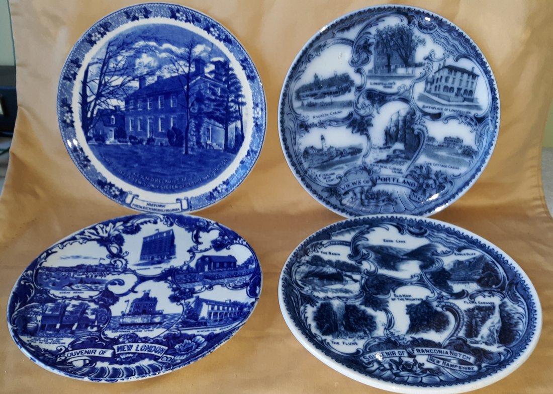 Flow blue and blue and white plates lot of 4: lot of 4 all in good used condition EW clement, jonroth england, the W adams & co, old english staffordshite jonroth england they are all 8" wide all 4 for one bid see pics
