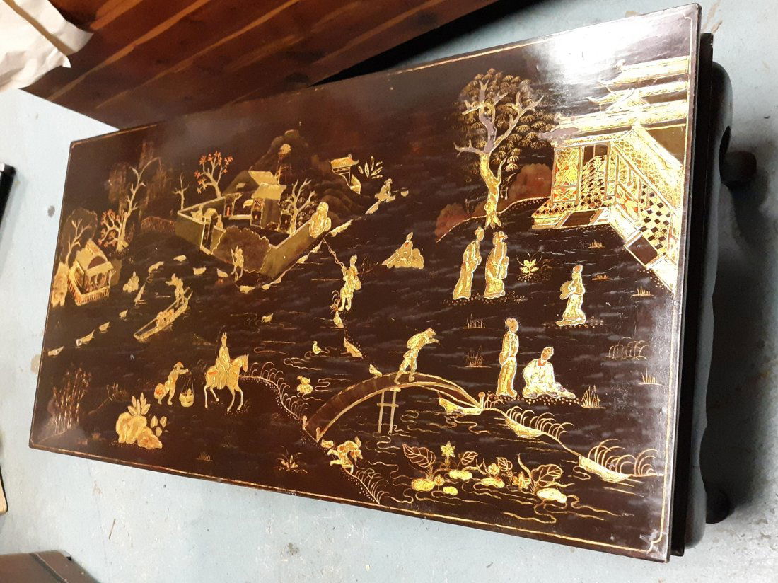 Antique Chinoiserie Style Black Lacquer Coffee Table Signed V Dinh (1 of 4)