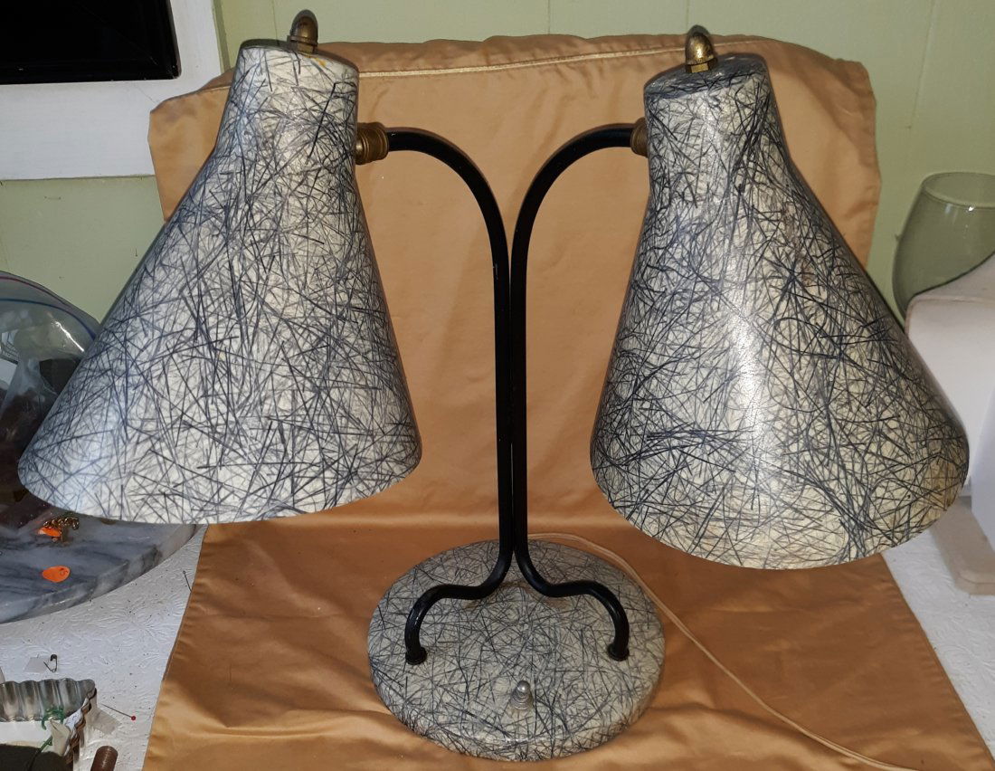 kurt versen style loop desk lamp with fiberglass shades MCM: great mid century desk lamp fiberglass shades and base very good condition will need a new plug for safety 17" tall 18" wide see pics