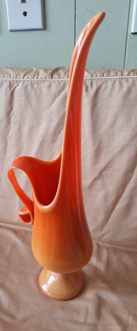mid century art glass pitcher bittersweet flame le smith: mid century art glass pitcher bittersweet flame le smith gorgeous pitcher 17 1/2" graduating flame yellow to orange no damage seepics