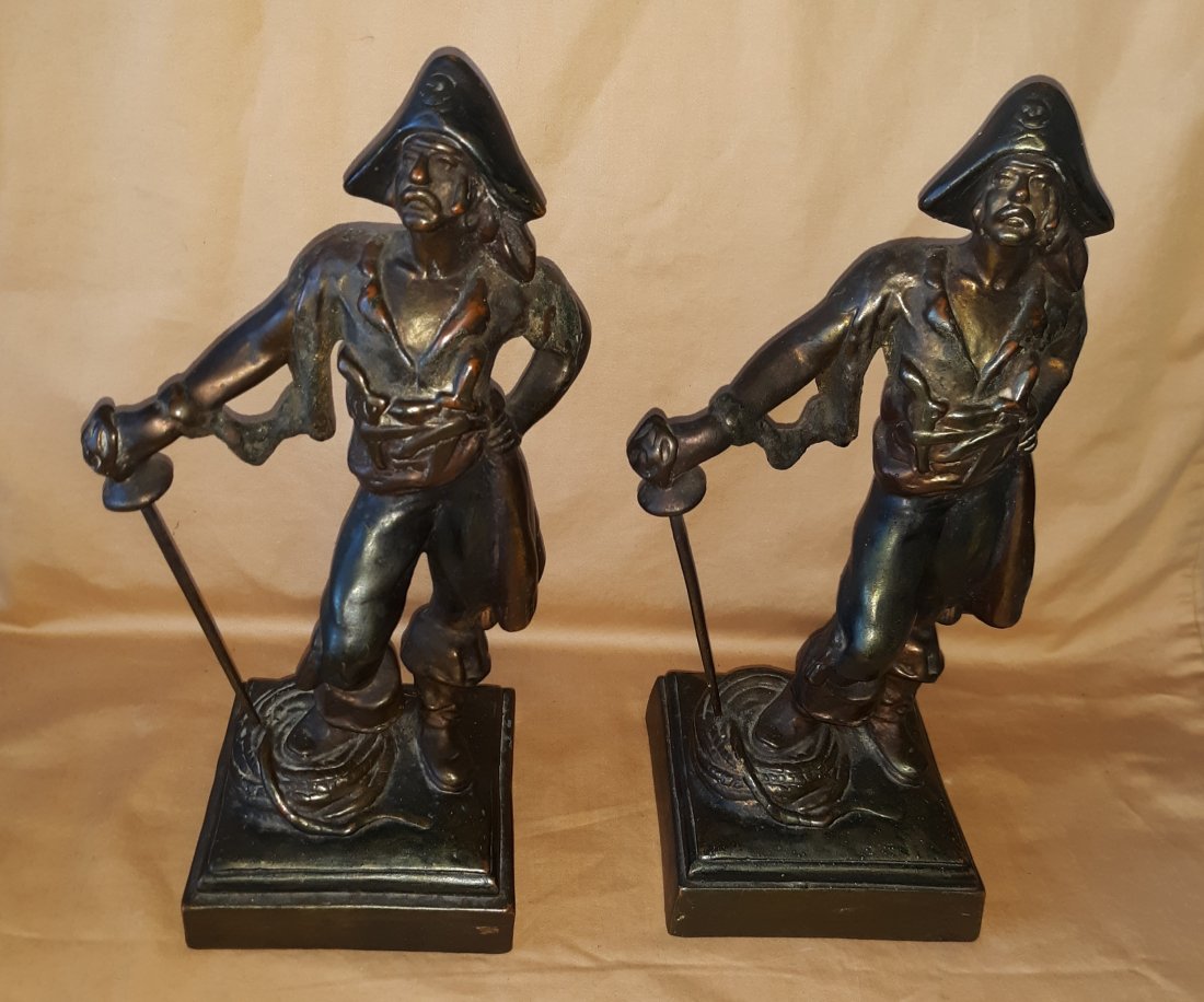 Antique POMPEIAN BRONZE Clad Pirate Sculpture Bookends signed  Herzel (1 of 5)