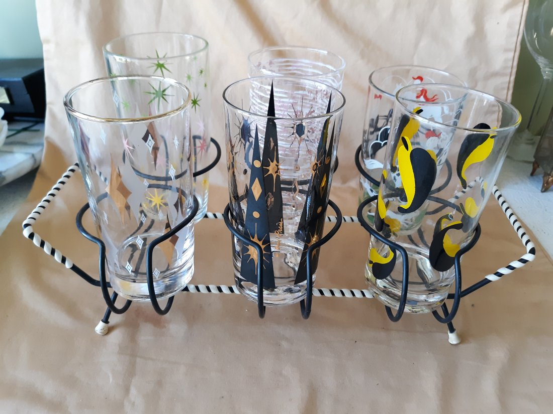 mid century atomic bar glasses & rack fred press! (1 of 6)