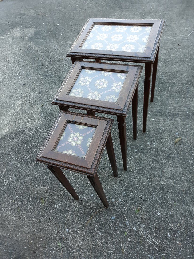 antique nesting tables lenox shops furniture 1890's: glass inserts with material that can be changed for your decor 22" tall 15 1'/2" x 12 12" largest one a set of 3