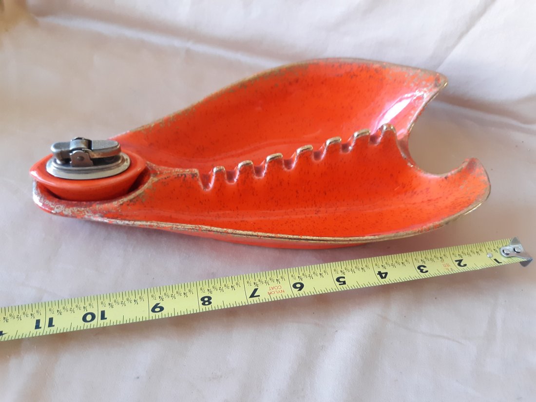 mid century orange ceramic ashtray w/lighter (1 of 5)