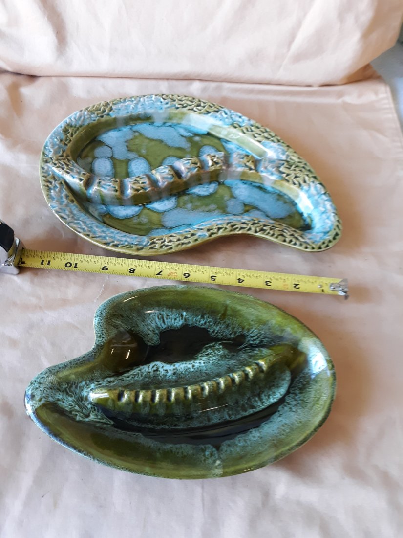 mid century California pottery glaze ashtrays: gorgeous pair both made in california larger one is 12" no damage noted both for one bid! see pics