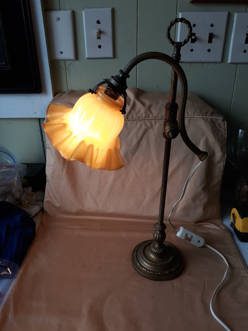 antique French bronze desk lamp art noveau w/butterscotch glass shade (1 of 6)