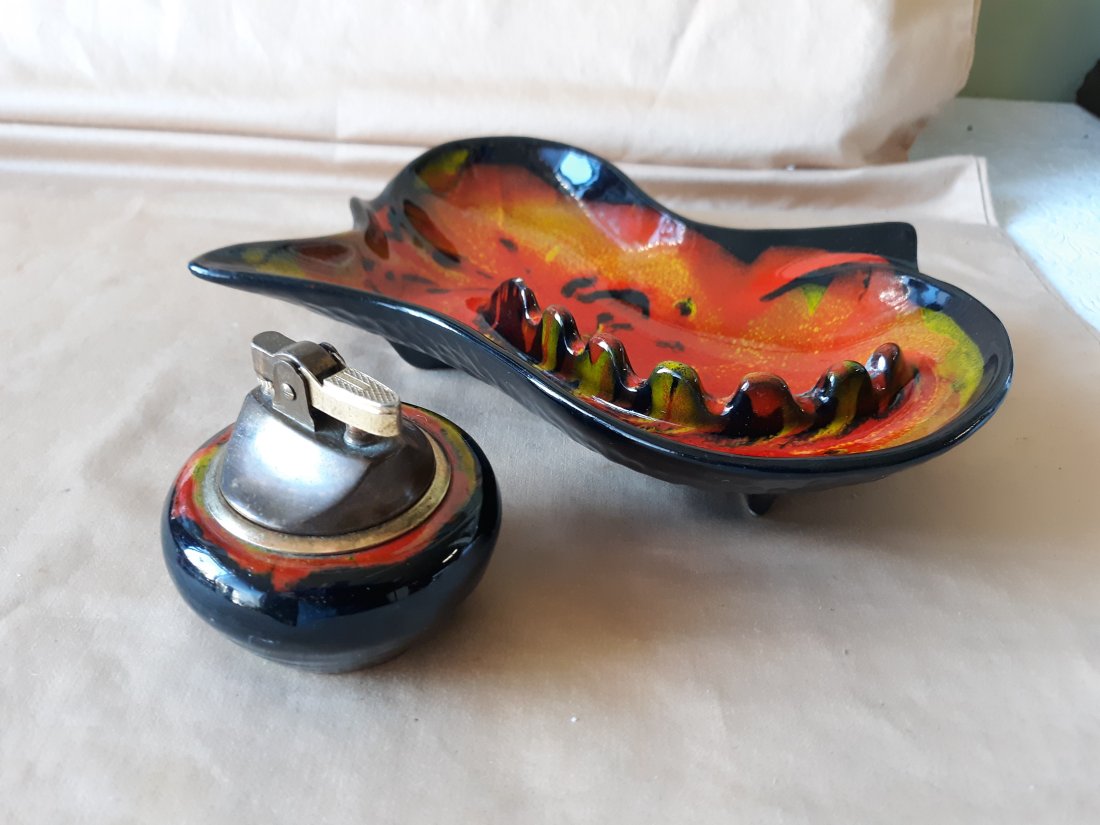 mid century drip glaze ashtray & matching lighter: gorgeous pottery drip glaze ashtray with matching lighter both in beautiful used conditon from estate see pics