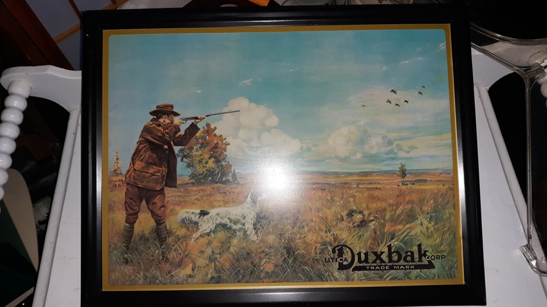 Vintage Duxbak Corp Of Utica Trademark sign: Vintage Duxbak Corp Of Utica Trademark / Clothing Denim Workwear Outdoors - Hunter With English Setter Dog Hunting Ducks sign from new old stock so in excellent condition see pics 17" x 13" metal tin