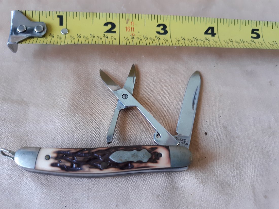 schrade int 707UH uncle henry gambler pocket knife: Bone handle with scissors in amazing good conditon blade 1 5/8" 4 1/2" open seepics