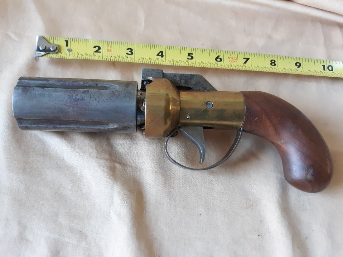 CMC? Pepperbox Percussion 4 Barrel: serial #C06163 .36 caliber? percussion fired 4 barrel pepperbox pistol with 3 1/8" barrels bores look good light exterior corrosion, likely a vintage see pics